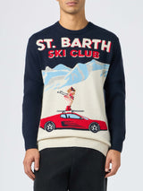 Man blue sweater Heron with St. Barth ski club postcard jacquard