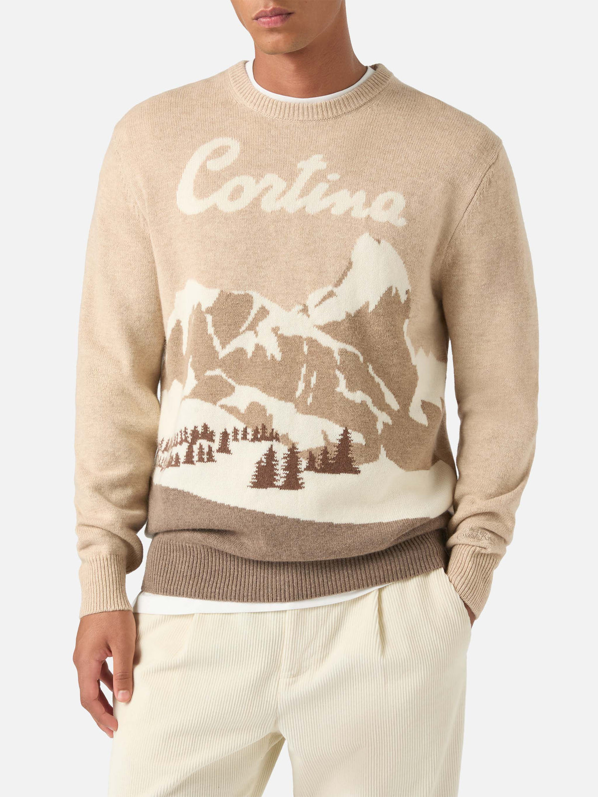 Pull ras du cou Beige Heron en maille avec intarsia Cortina 