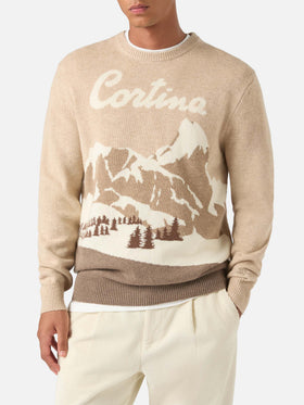 Pull ras du cou Beige Heron en maille avec intarsia Cortina 
