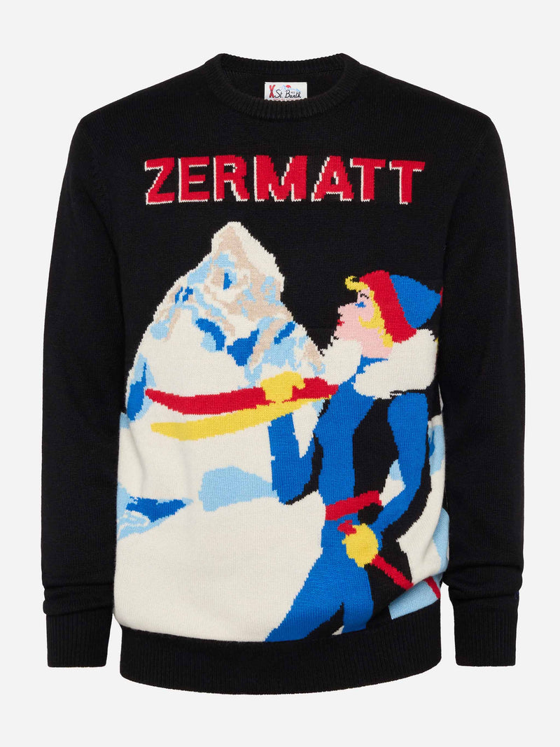 Crewneck sweater Heron with Zermatt postcard jacquard