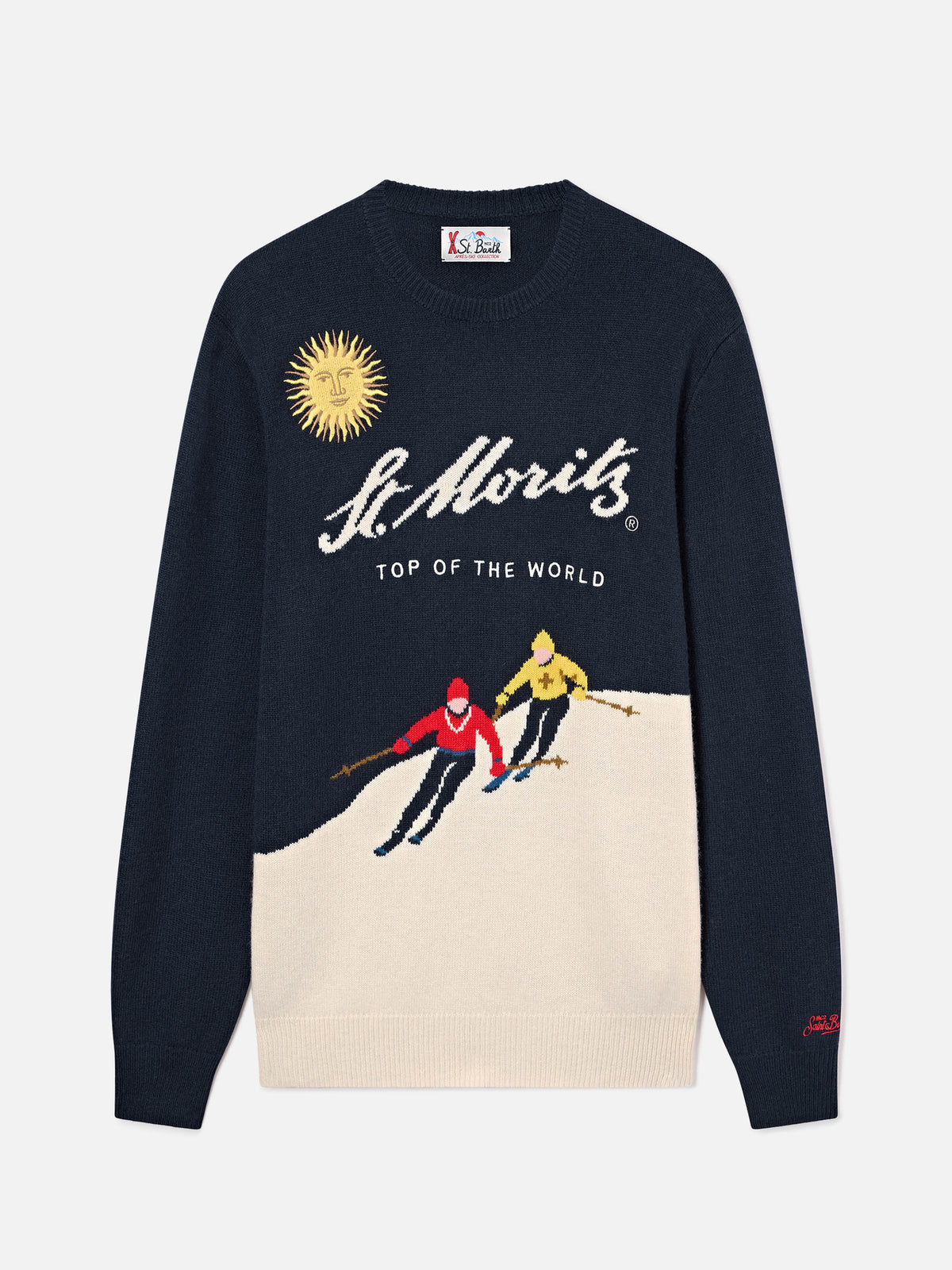 Navy blue Heron crewneck knit with St. Moritz intarsia and embroidery | Special edition