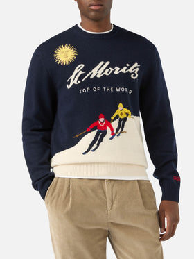 Navy blue Heron crewneck knit with St. Moritz intarsia and embroidery | Special edition