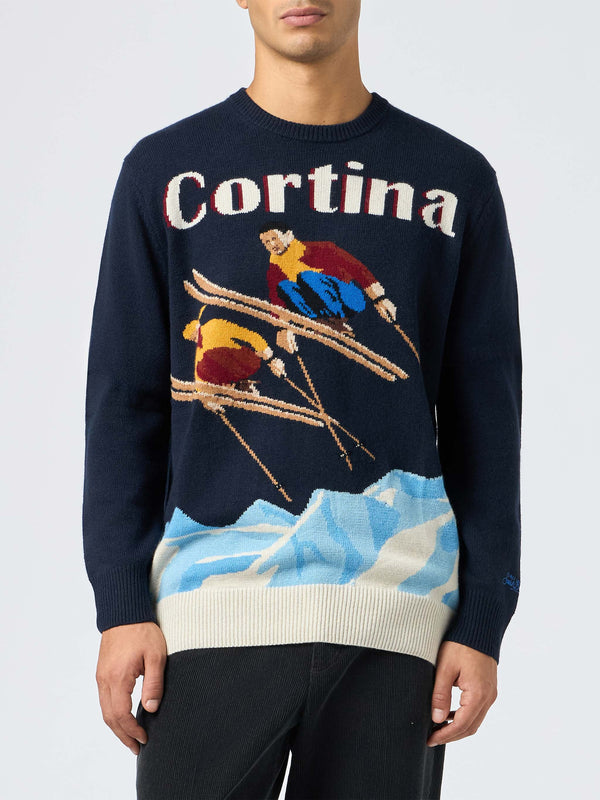 Man blue sweater Heron with Cortina ski postcard jacquard