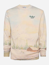 Crewneck sweater Heron with landscape print and Weekend mood embroidery