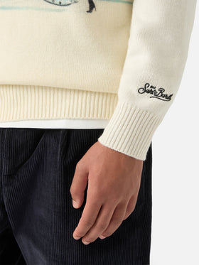 Jersey de cuello redondo Grey Heron en mezcla de lana y cachemira con intarsia y bordado private jet | Special edition 
