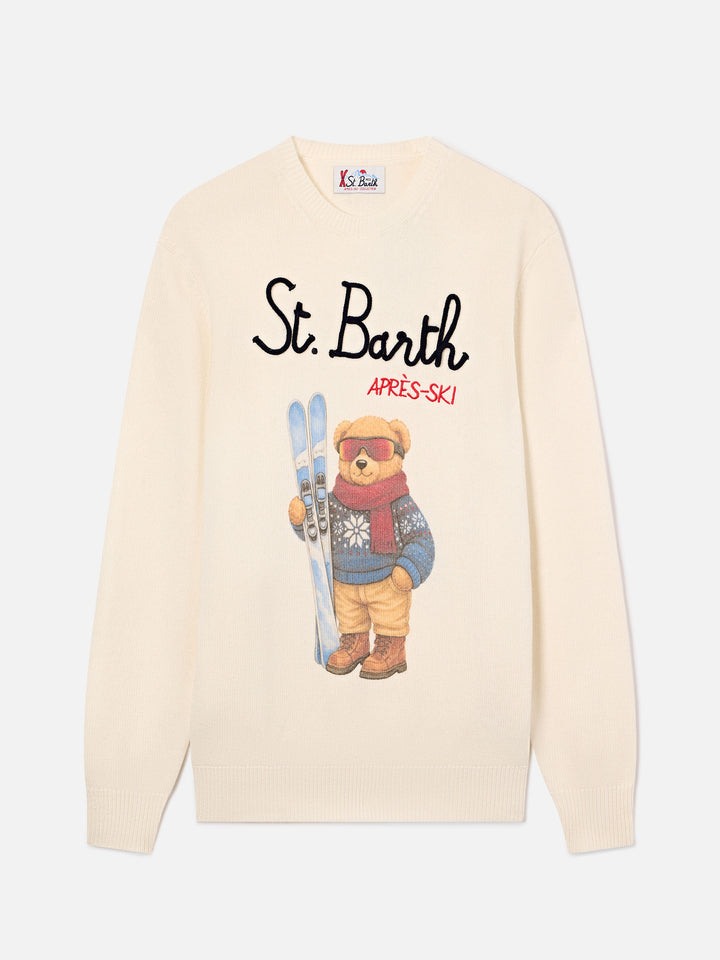 Pull col rond Grey Heron en maille avec intarsia ours en peluche et broderie 