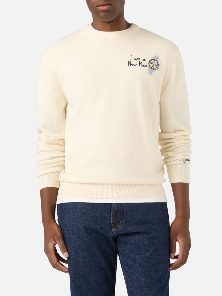 Grey Heron Light wool and cashmere blend crewneck with I Am A New Man embroidery