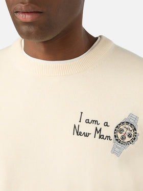 Grey Heron Light wool and cashmere blend crewneck with I Am A New Man embroidery
