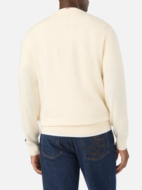 Grey Heron Light wool and cashmere blend crewneck with I Am A New Man embroidery
