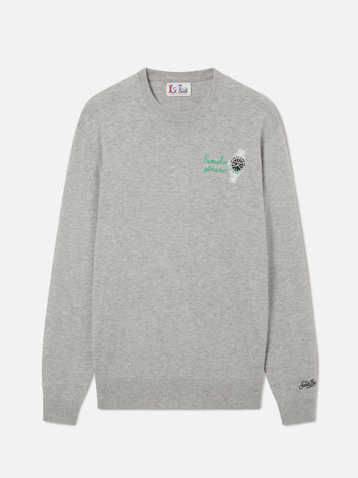 Grey Heron Pull col rond en mélange de laine légère et de cachemire avec broderie Famola Strana 