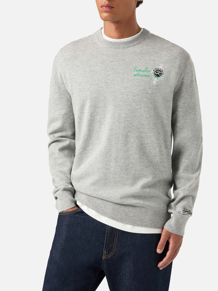 Jersey de cuello redondo Grey Heron en mezcla ligera de lana y cachemira con bordado Famola Strana 