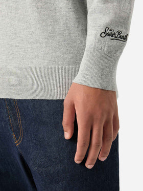 Grey Heron Light wool and cashmere blend crewneck with Famola Strana embroidery