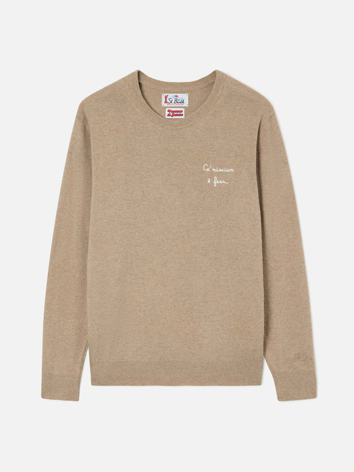 Beige Heron Light wool and cashmere blend crewneck with Ca' Nisciun È Fess embroidery | Special edition