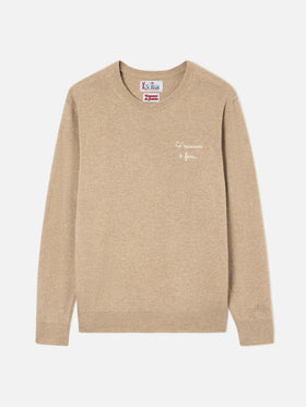 Jersey de cuello redondo Beige Heron en mezcla ligera de lana y cachemira con bordado Ca' Nisciun È Fess | Special edition 