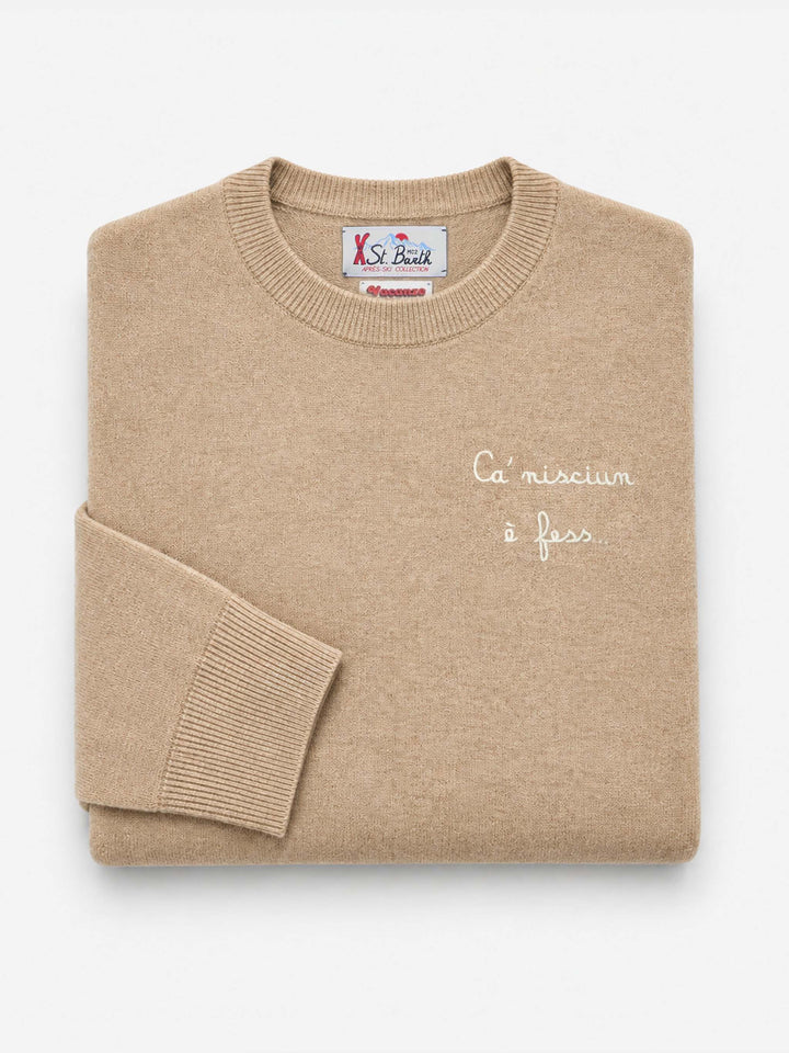 Pull col rond Beige Heron en mélange laine légère et cachemire avec broderie Ca' Nisciun È Fess | Special edition 