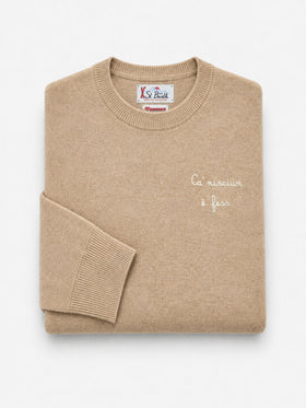 Jersey de cuello redondo Beige Heron en mezcla ligera de lana y cachemira con bordado Ca' Nisciun È Fess | Special edition 
