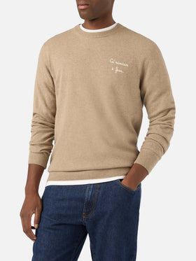 Jersey de cuello redondo Beige Heron en mezcla ligera de lana y cachemira con bordado Ca' Nisciun È Fess | Special edition 