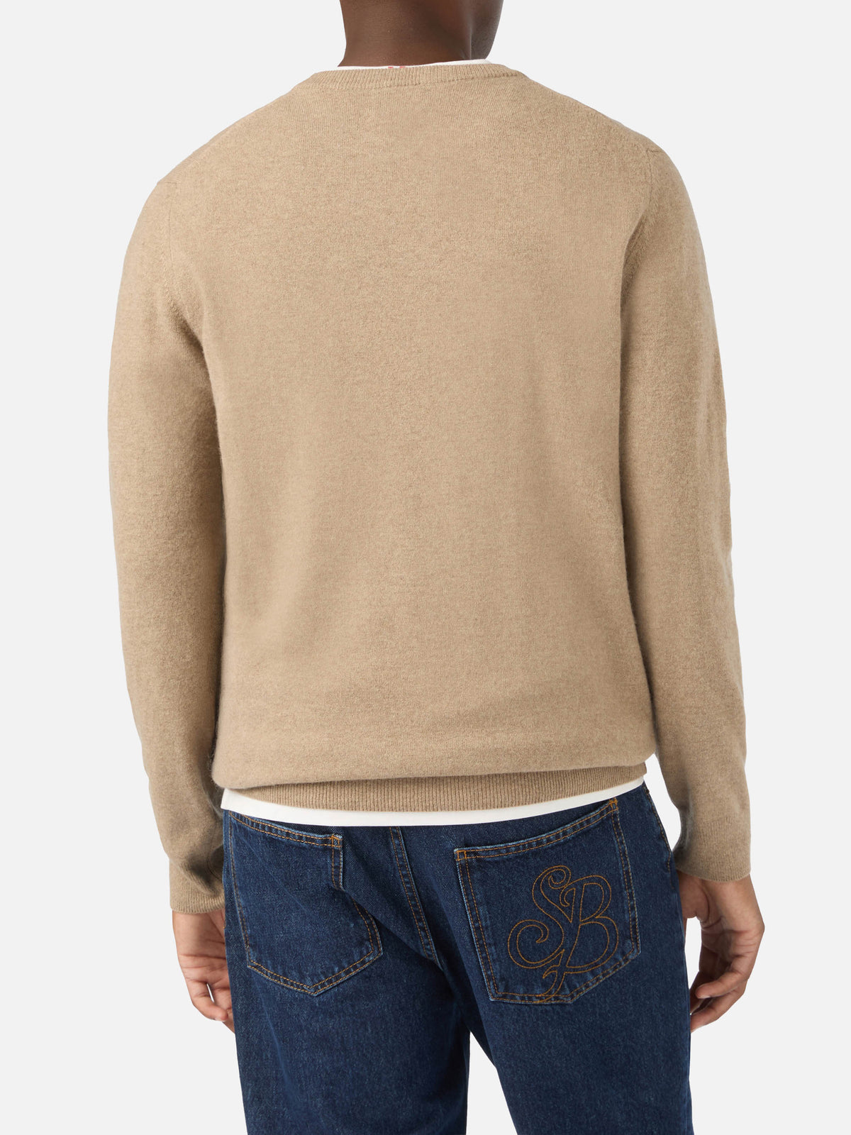 Jersey de cuello redondo Beige Heron en mezcla ligera de lana y cachemira con bordado Ca' Nisciun È Fess | Special edition 