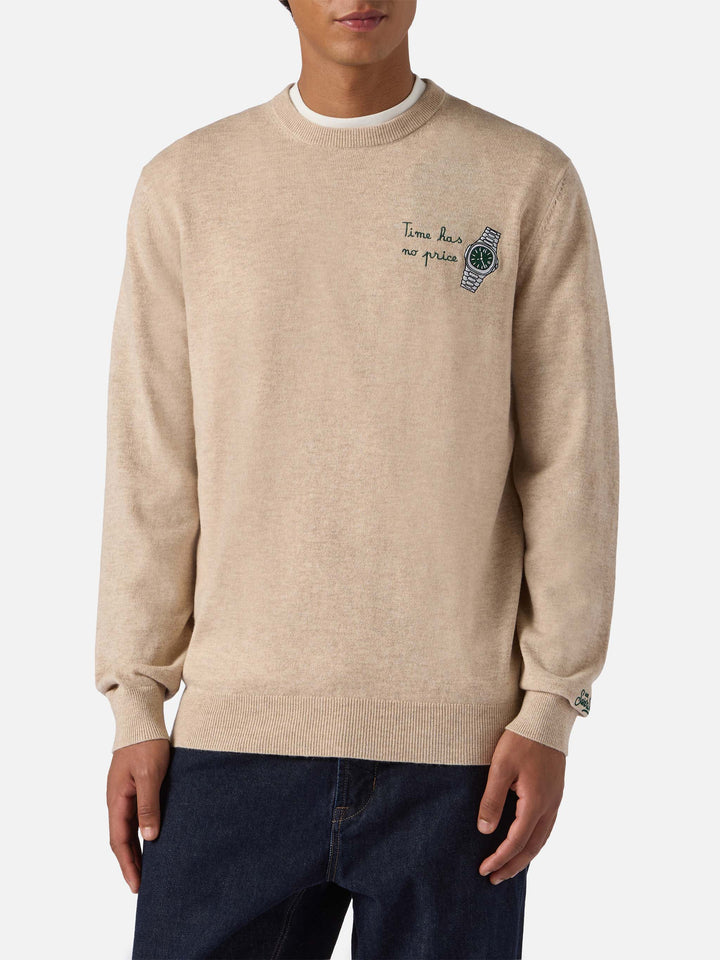 Maglione a girocollo Heron Light con ricamo orologio Time has no price
