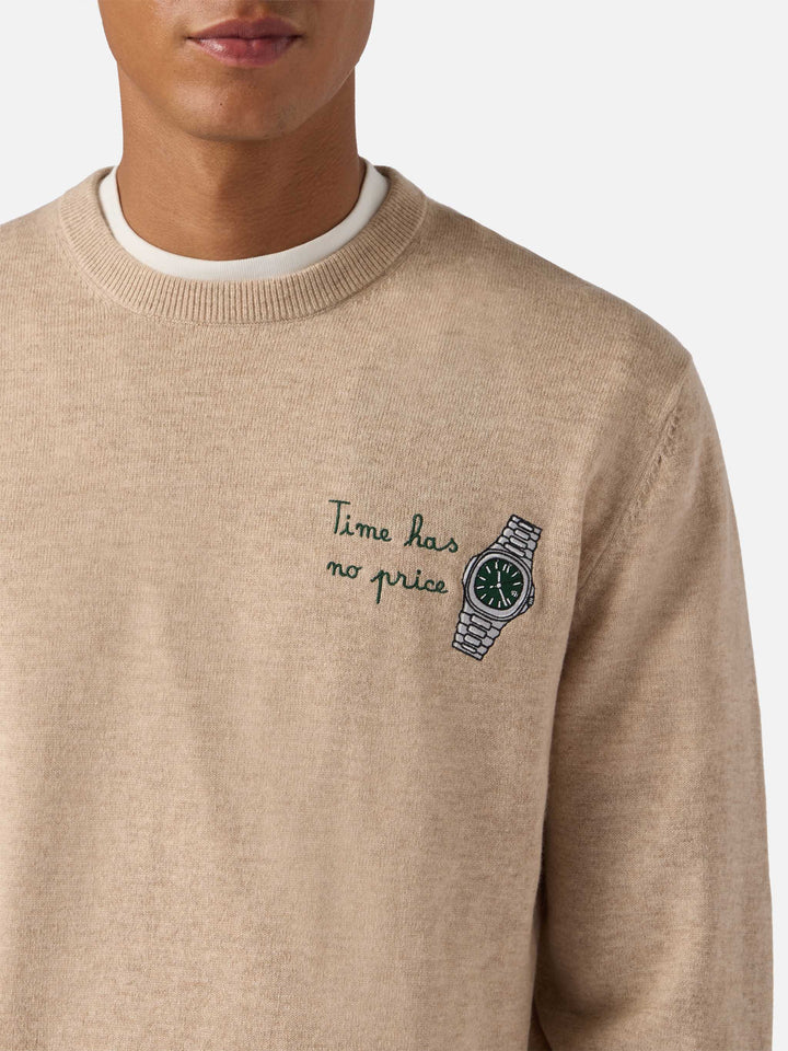 Maglione a girocollo Heron Light con ricamo orologio Time has no price