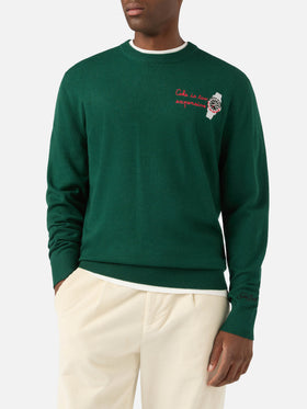 Pull col rond Green Heron en mélange de laine légère et cachemire avec broderie montre 
