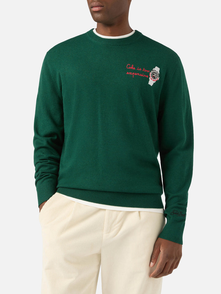 Pull col rond Green Heron en mélange de laine légère et cachemire avec broderie montre 