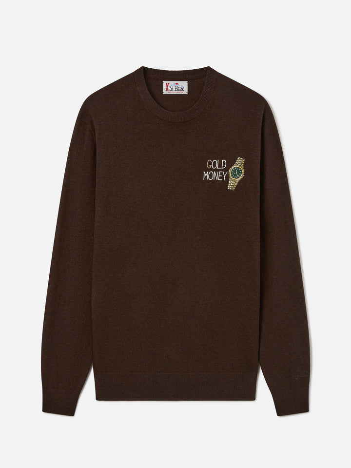 Brown Heron Light wool and cashmere blend crewneck with Gold Money embroidery