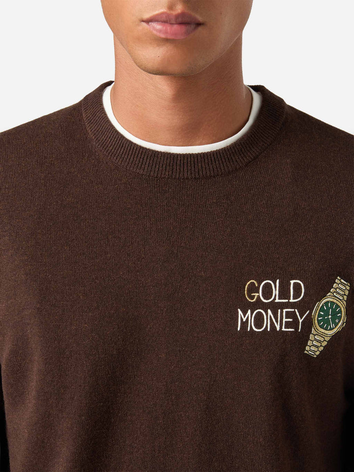 Maglia girocollo Heron Light marrone in misto lana e cashmere con ricamo Gold Money