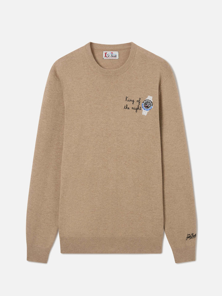 Beige Heron Light wool and cashmere blend crewneck with King Of The Night embroidery