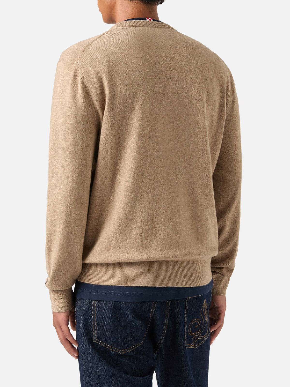 Jersey de cuello redondo Beige Heron en mezcla de lana ligera y cachemira con bordado King Of The Night 