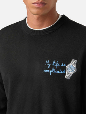 Black Heron Light wool and cashmere blend crewneck with My Life Is Complicated embroidery