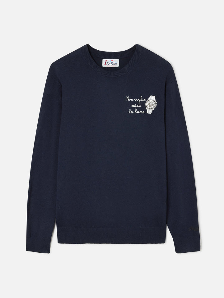Pull ras-du-cou Heron Light en mélange de laine et cachemire Navy blue avec broderie Non Voglio Mica La Luna 