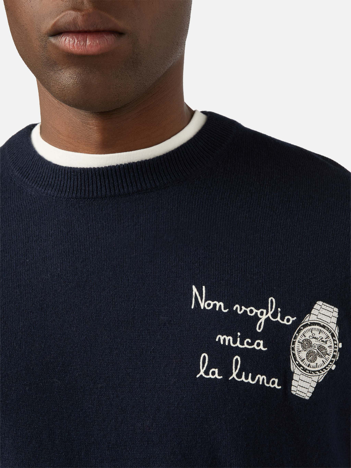 Jersey de cuello redondo Navy blue Heron en mezcla ligera de lana y cachemir con bordado Non Voglio Mica La Luna 