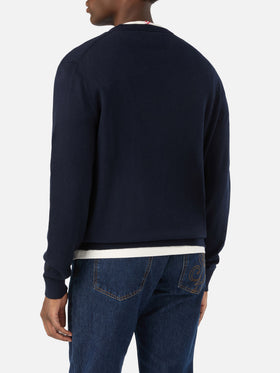 Jersey de cuello redondo Navy blue Heron en mezcla ligera de lana y cachemir con bordado Non Voglio Mica La Luna 