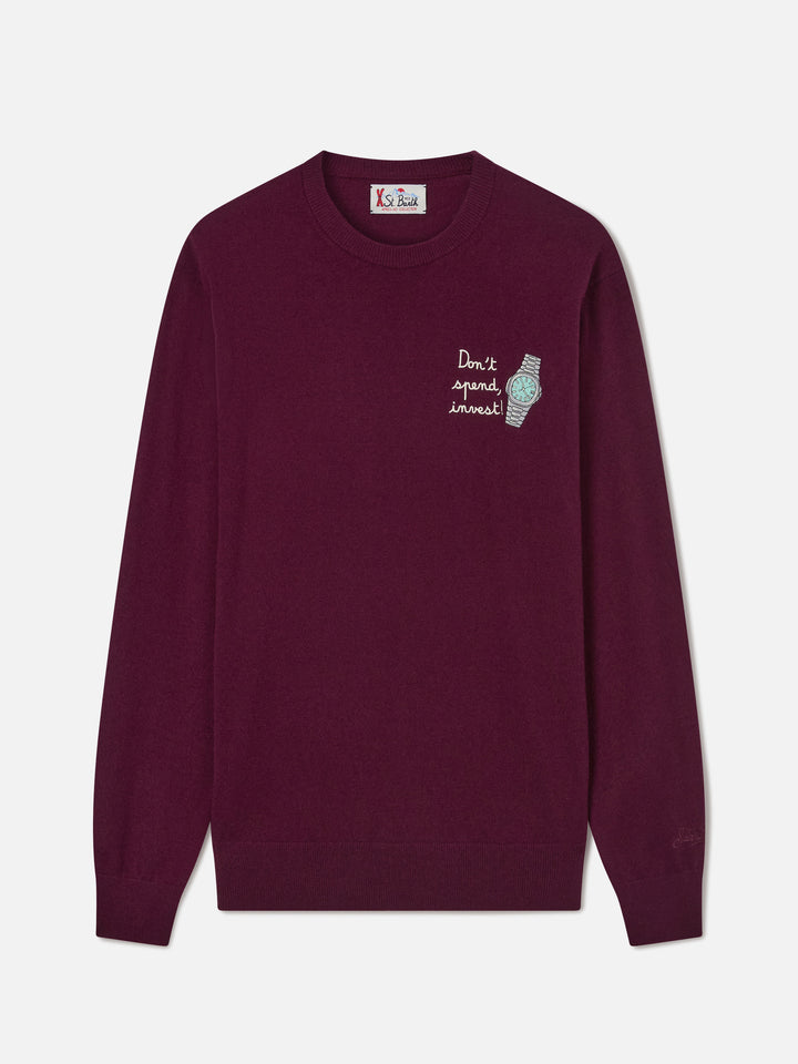 Burgundy Heron Light wool and cashmere blend crewneck with Don't Spend, Invest embroidery