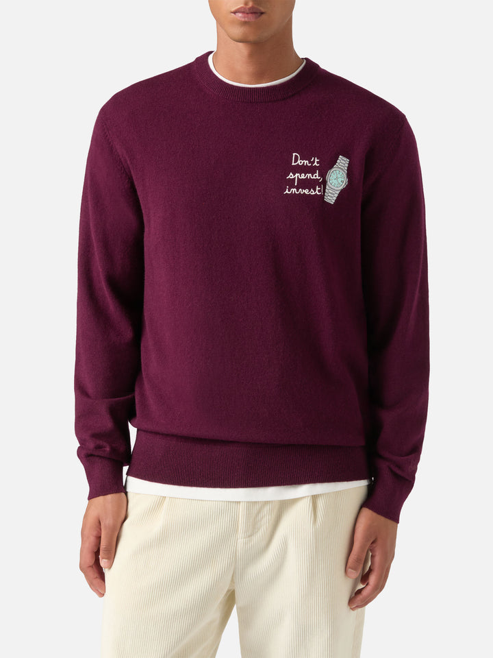 Maglia girocollo Heron Light bordeaux in misto lana e cashmere con ricamo Don't Spend, Invest