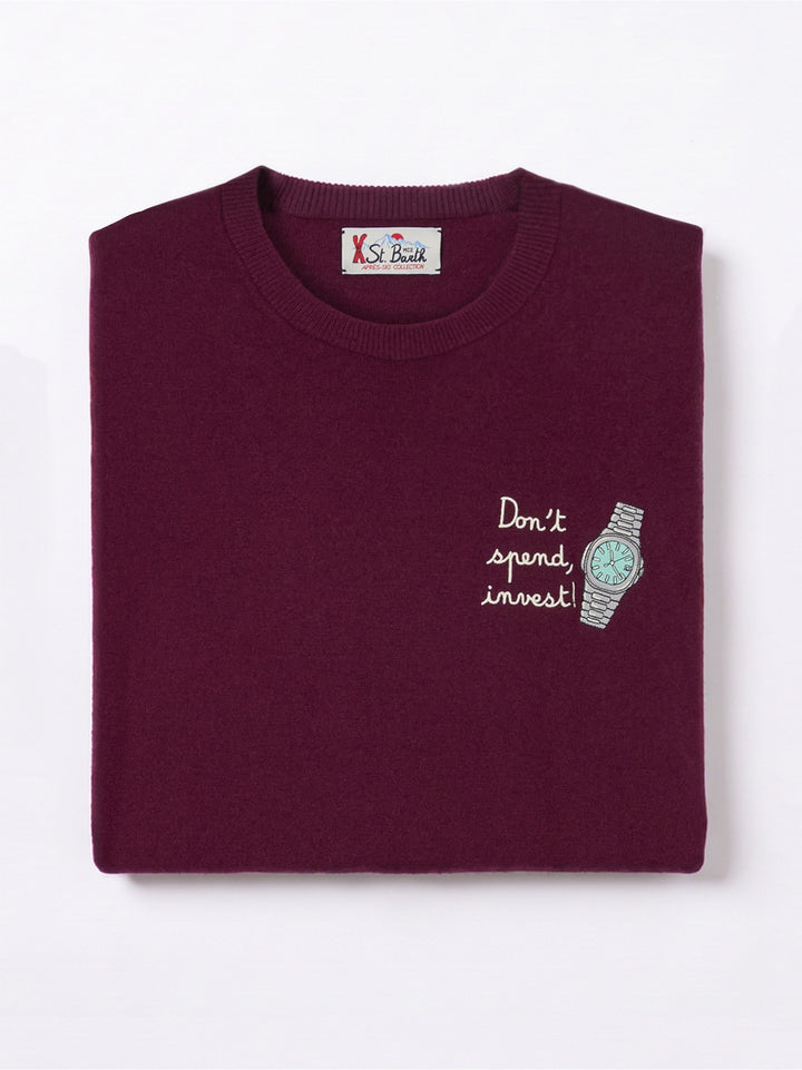 Burgundy Heron Light wool and cashmere blend crewneck with Don't Spend, Invest embroidery