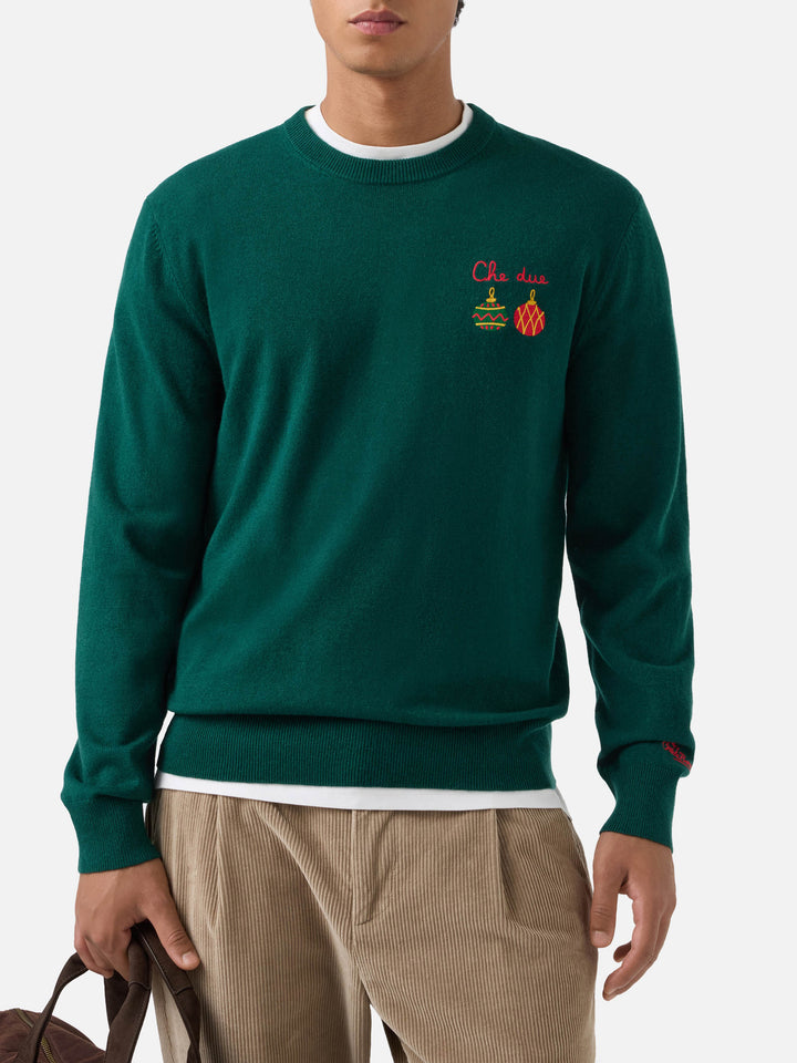 Green Heron Light wool and cashmere blend crewneck with Che Due embroidery