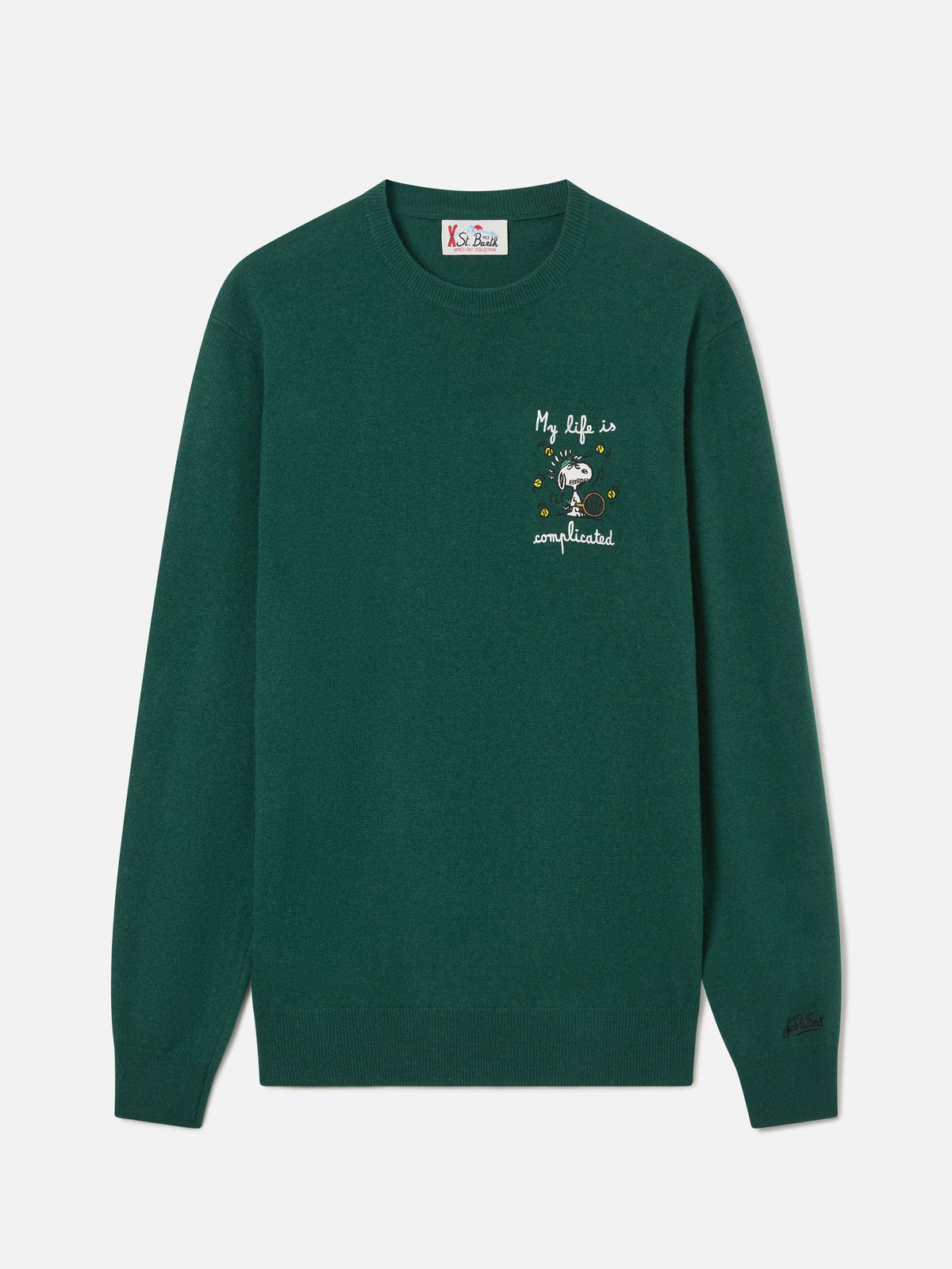 Maglia girocollo Heron Light verde in misto lana e cashmere con ricamo Snoopy | Special edition