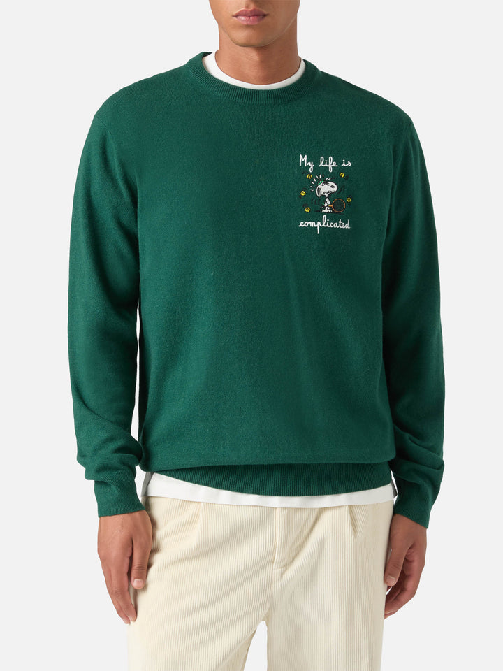 Maglia girocollo Heron Light verde in misto lana e cashmere con ricamo Snoopy | Special edition
