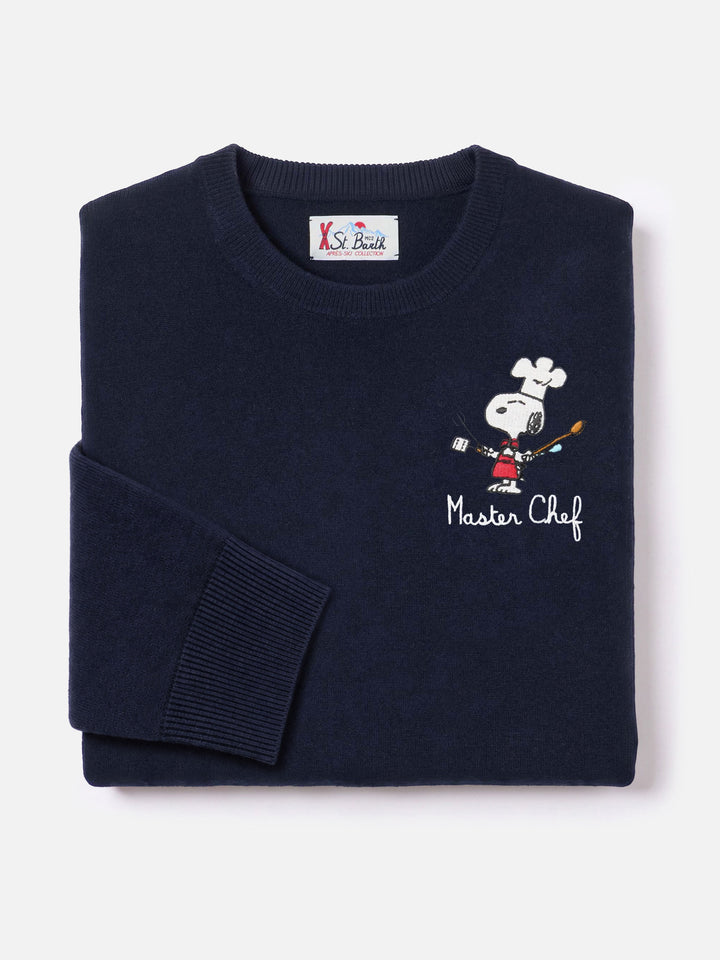 Heron bleu marine blue en mélange léger de laine et cachemire à col rond avec broderie Snoopy Master Chef | Special edition 