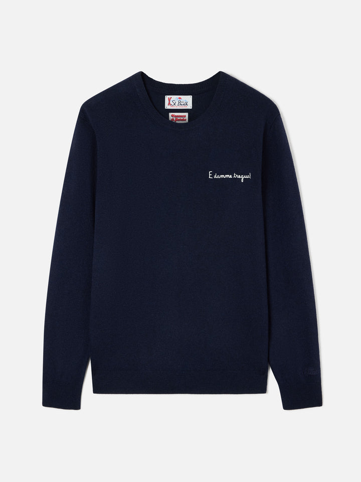 Navy blue Heron Light wool and cashmere blend crewneck with E Damme Tregua embroidery | Special edition