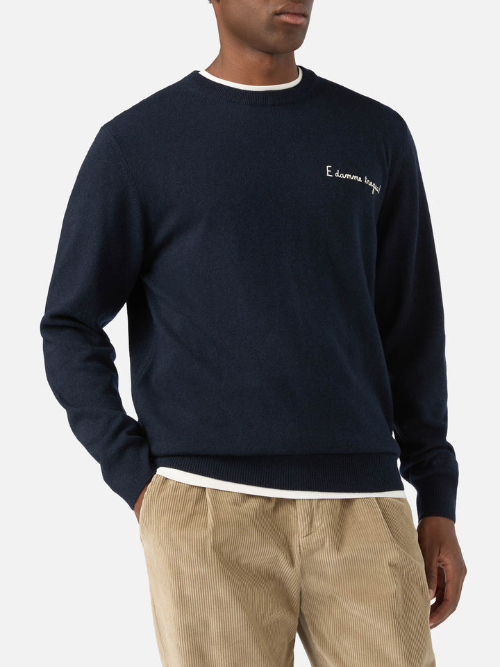 Héron Navy blue en mélange de laine légère et cachemire, col rond, avec broderie E Damme Tregua | Special edition 