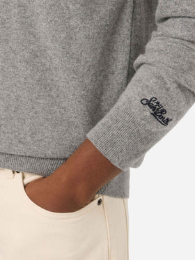 Grey Heron Light wool and cashmere blend crewneck with Mini embroidery | Special edition
