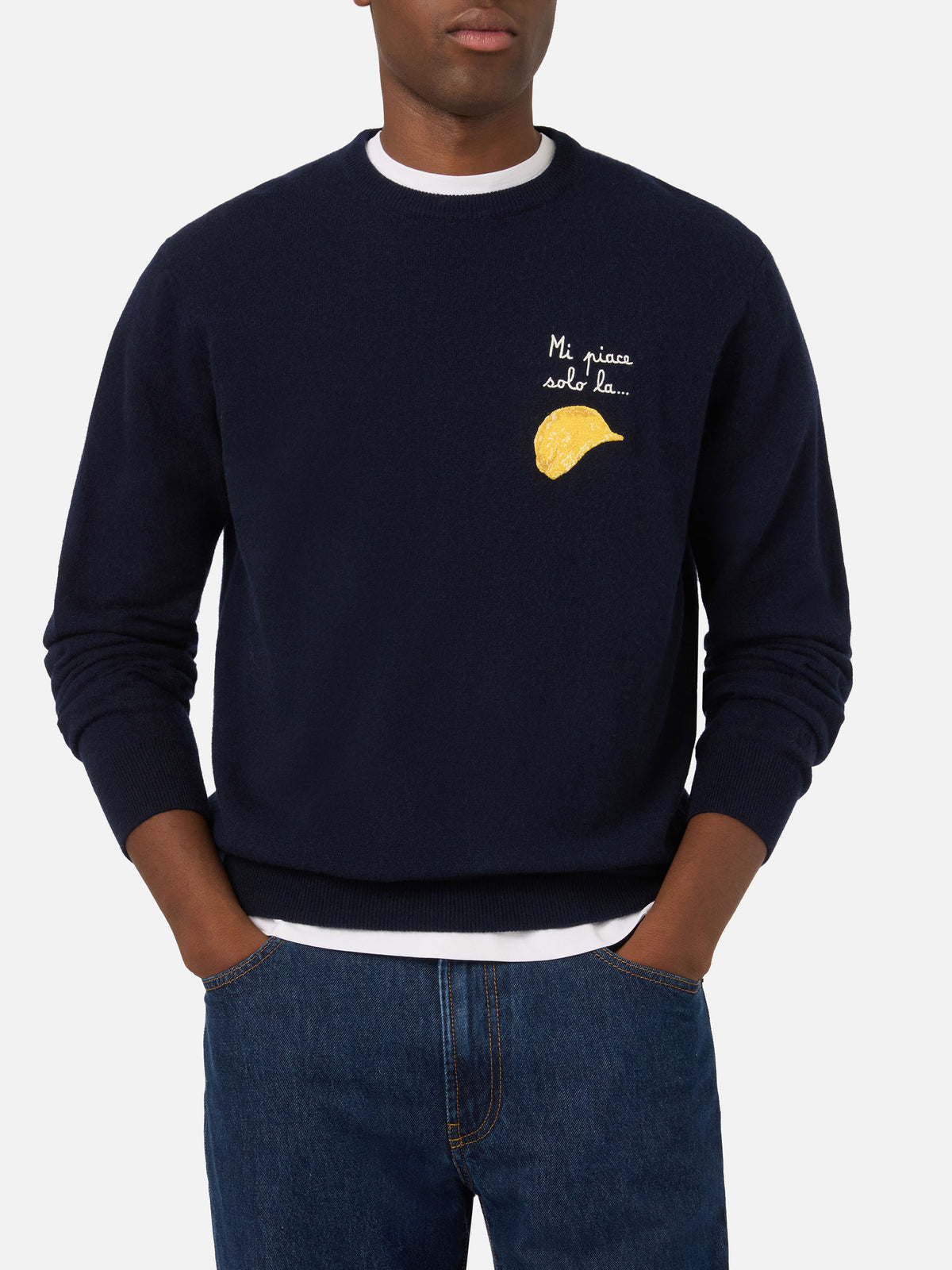 Navy blue Heron Light wool and cashmere blend crewneck with Amica Chips embroidery | Special edition