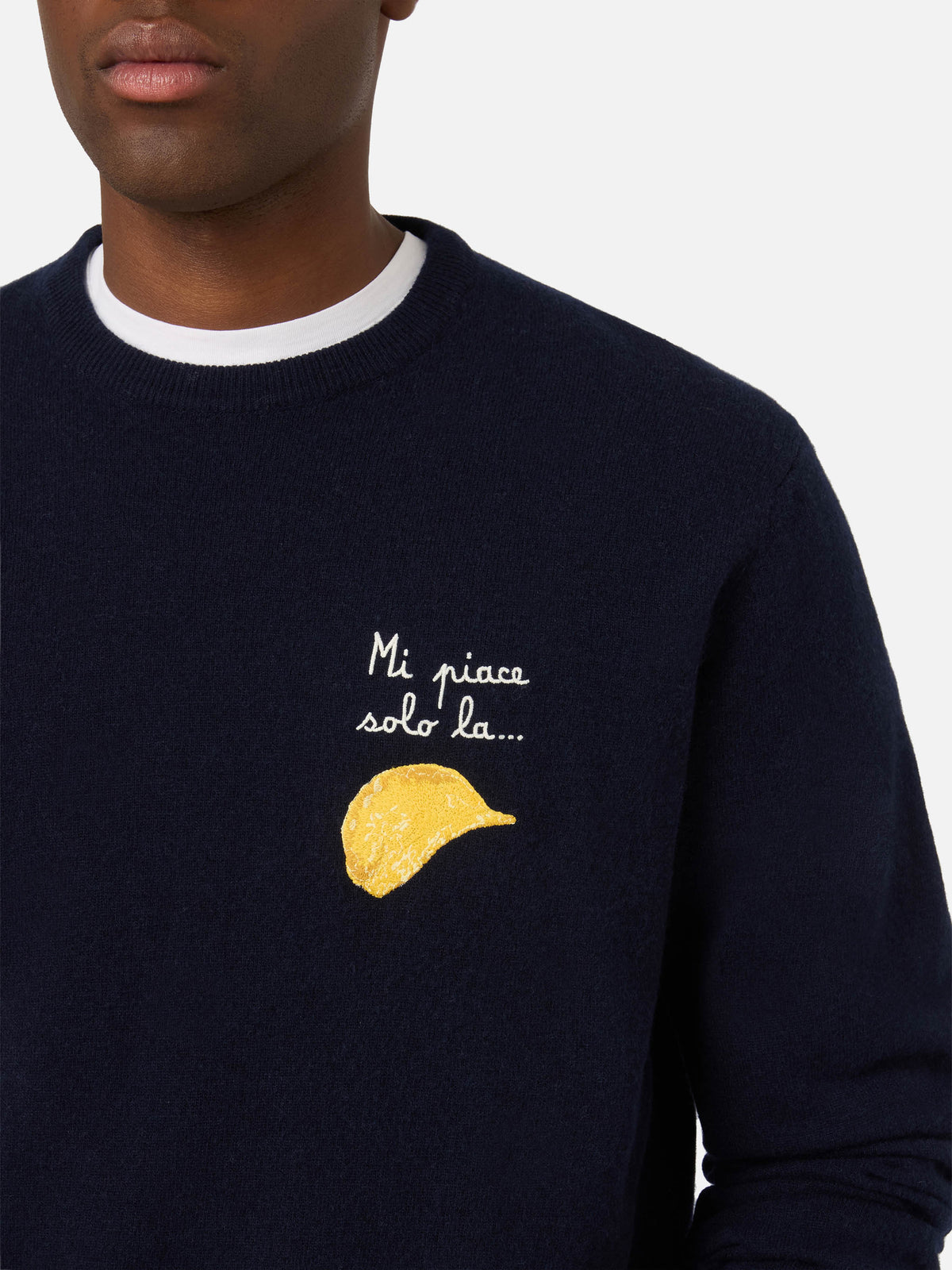 Navy blue Heron Light wool and cashmere blend crewneck with Amica Chips embroidery | Special edition