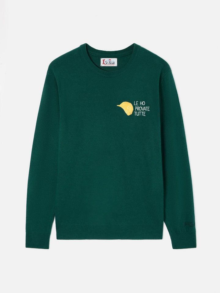Green Heron Light wool and cashmere blend crewneck with Amica Chips embroidery | Special edition