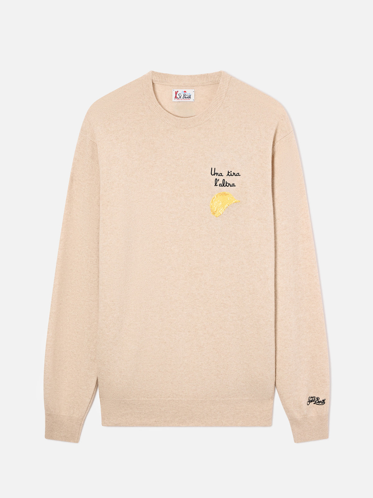Jersey de cuello redondo Beige Heron en mezcla ligera de lana y cachemira con bordado Amica Chips | Special edition 