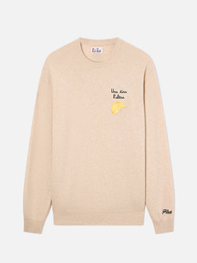 Jersey de cuello redondo Beige Heron en mezcla ligera de lana y cachemira con bordado Amica Chips | Special edition 