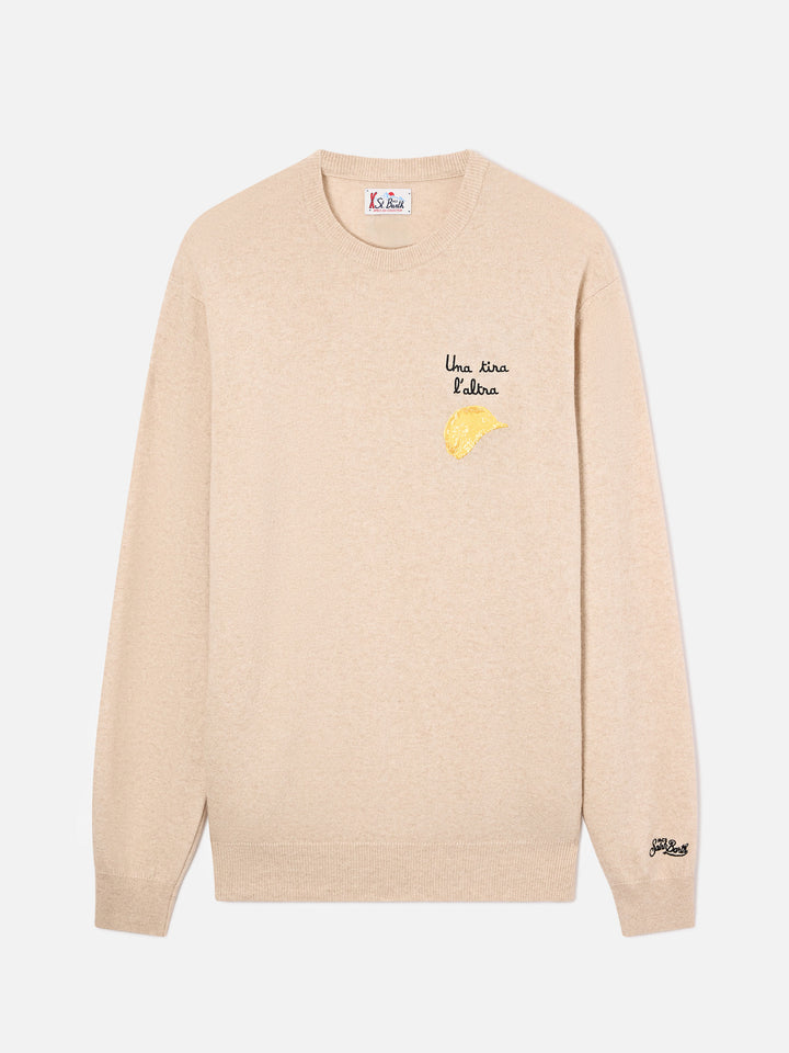 Maglia girocollo Heron Light beige in misto lana e cashmere con ricamo Amica Chips | Special edition